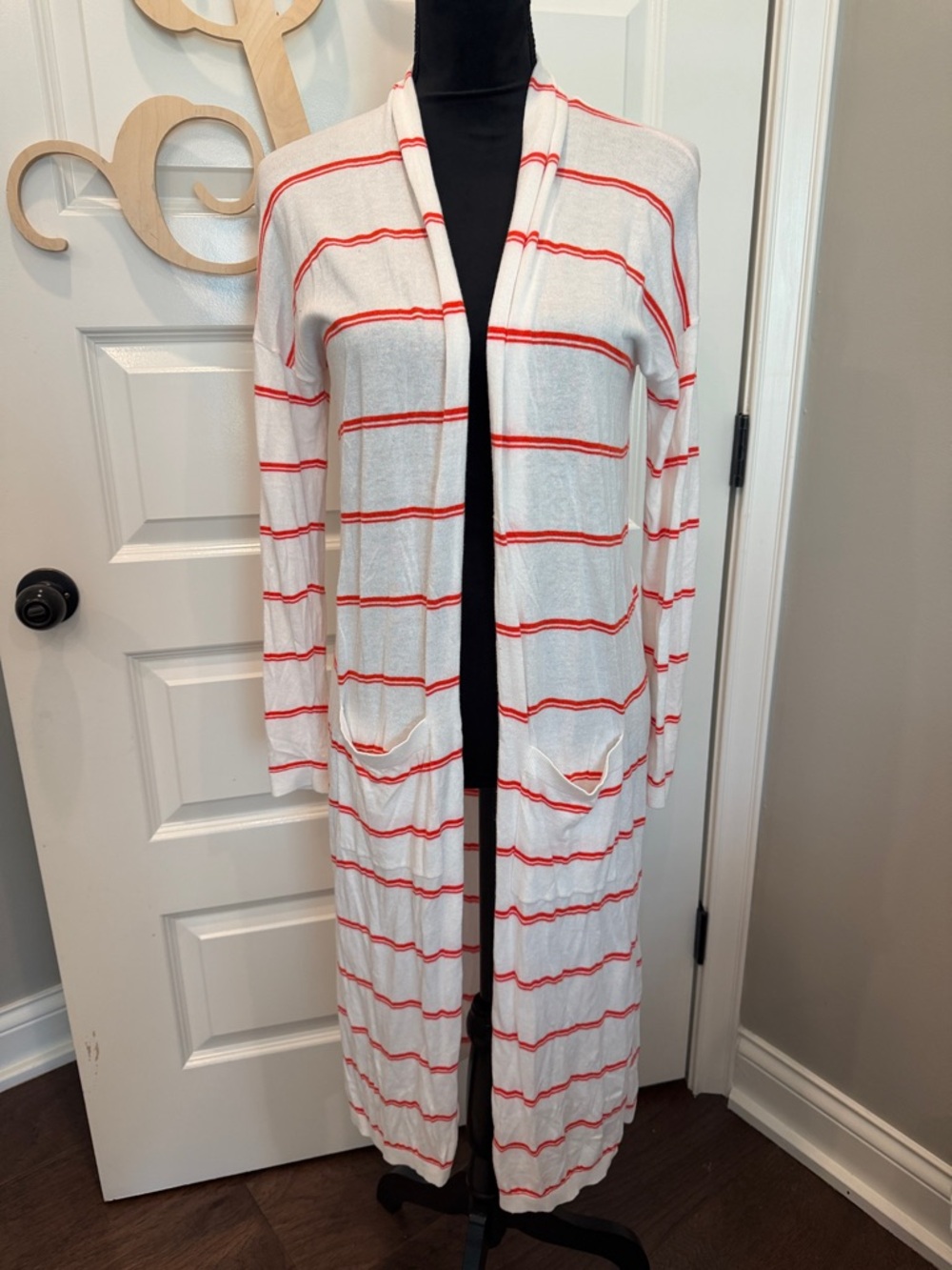 CAbi White Cardigan with Red Stripes